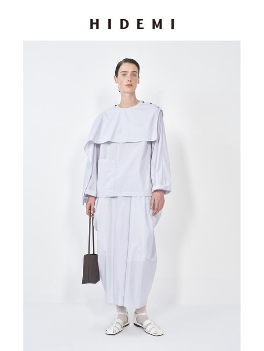 HIDEMI 极简微褶皱设计感可拆卸披肩领多穿式衬衫上衣半裙套装 商品图10