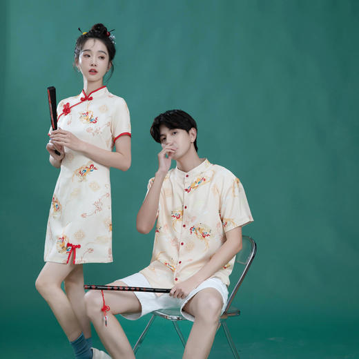 夏季【中国风情侣装 大码旗袍开叉设计感简约款】立领衬衫设计 印花不规则 国风潮流 商品图0