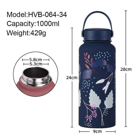 【1000ML 大容量】2024新款保温杯1L广口便携真空运动水壶户外印花水杯节日礼品学生水杯 商品图4