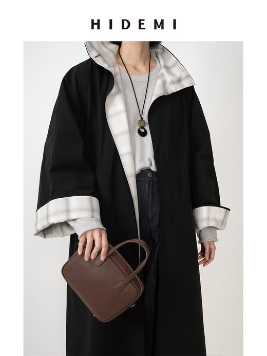 HIDEMI 黑色简约格纹拼接翻领长风衣 商品图7