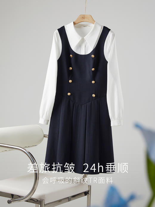 【1件72折】熙世界学院风假两件连衣裙女秋装2025新款法式通勤拼接衬衫领裙子 商品图3