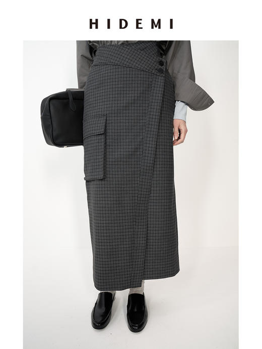 HIDEMI 灰色格子设计感立领复古插肩不对称门襟可拆卸腰带短风衣套装 商品图11