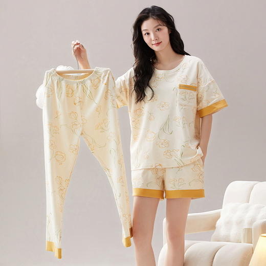 夏季【睡衣女款 短袖纯棉三件套】带胸垫可外穿 休闲宽松 夏天家居服套装 商品图6