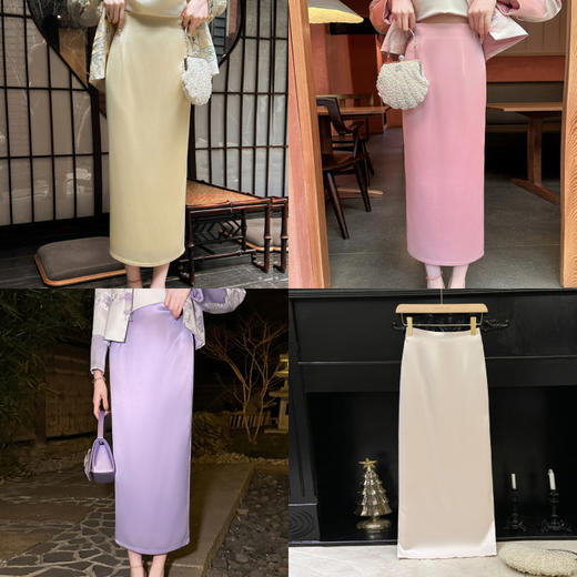 BeQueenStory【步步惊鸿】优雅时尚后开叉微倒梯直筒醋酸半身裙 商品图0