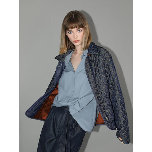 COCOBELLA气质通勤纯棉立领衬衫宽松休闲雾霾蓝府绸衬衣NSR5 商品图1