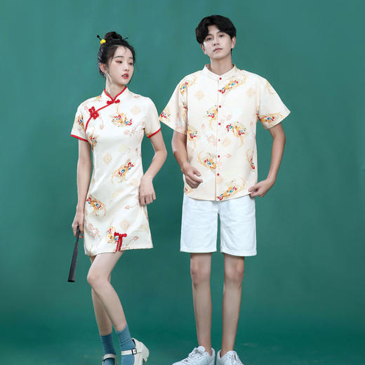 夏季【中国风情侣装 大码旗袍开叉设计感简约款】立领衬衫设计 印花不规则 国风潮流 商品图1