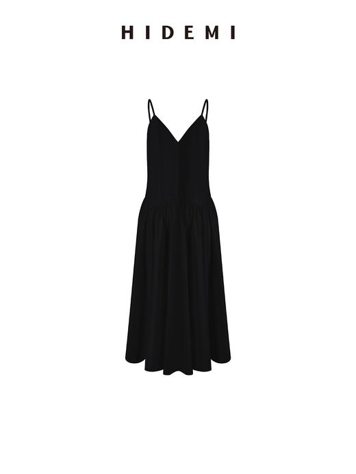 HIDEMI 极简设计感新款初春吊带V领式拼接压褶水洗棉夏季女装连衣裙 黑色/白色 商品图12