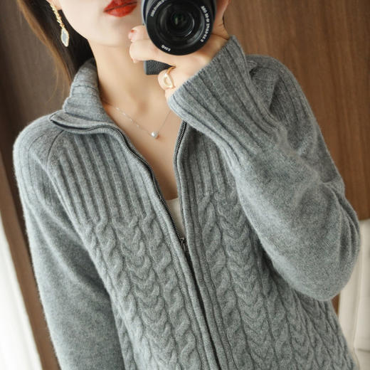 丁摩 春秋新款开衫女拉链毛衣外套100羊毛针织衫4ZF-021501 商品图0