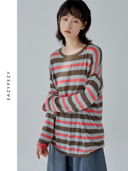 布列塔尼的空气-丝棉高精纺宽松卷边条纹针织衫 商品图1