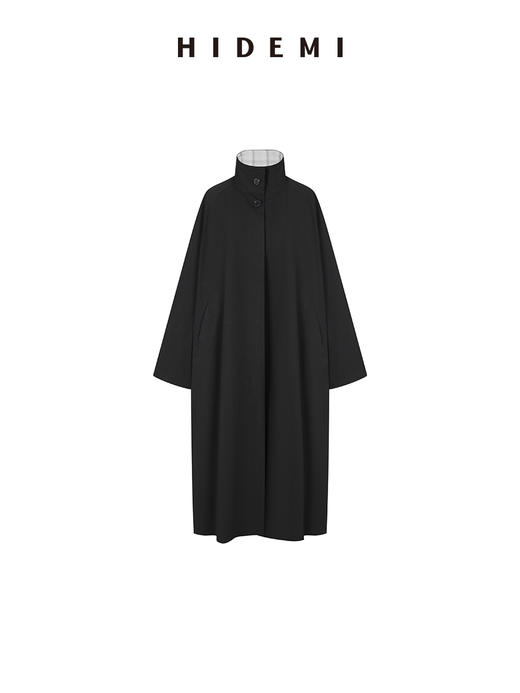 HIDEMI 黑色简约格纹拼接翻领长风衣 商品图12