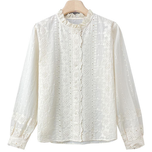 "雀说 春装蕾丝花边领杏色衬衫女刺绣花衬衣上衣4ZF- 021503" 商品图4