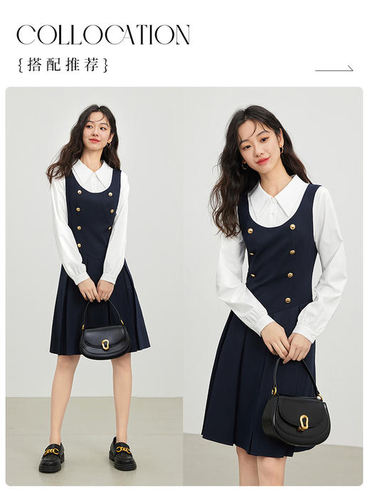 【1件72折】熙世界学院风假两件连衣裙女秋装2025新款法式通勤拼接衬衫领裙子 商品图4