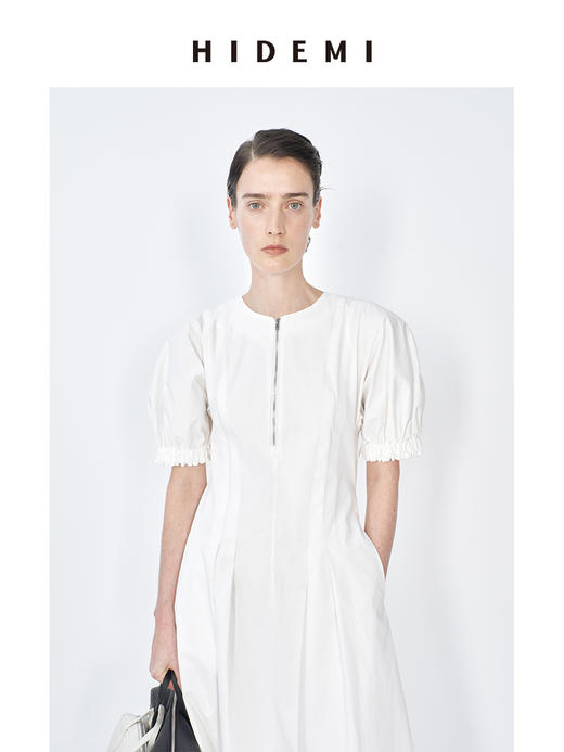 HIDEMI 极简显瘦小圆领立体收腰拉链泡泡袖连衣裙 商品图11