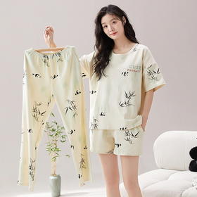 夏季【睡衣女款 短袖纯棉三件套】带胸垫可外穿 休闲宽松 夏天家居服套装