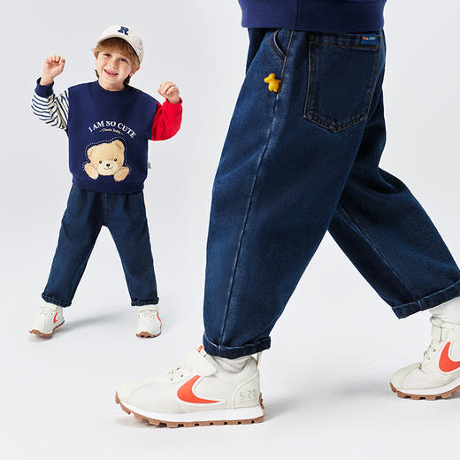 【110-150】【精典泰迪】儿童春秋牛仔裤简约立体小熊36.8%棉 31.4%聚酯纤维 28.4%再生纤维素纤维 1.2%亚麻 2.2%其他纤维 商品图3