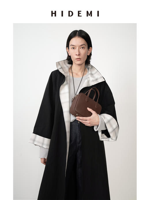 HIDEMI 黑色简约格纹拼接翻领长风衣 商品图6