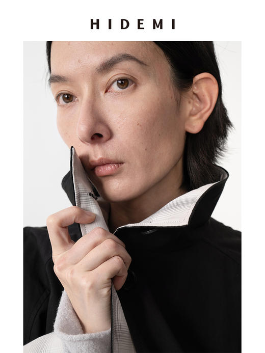 HIDEMI 黑色简约格纹拼接翻领长风衣 商品图9