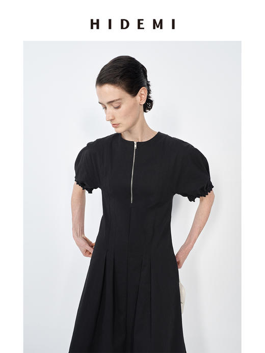 HIDEMI 极简显瘦小圆领立体收腰拉链泡泡袖连衣裙 商品图4