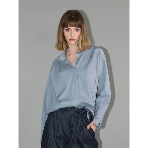 COCOBELLA气质通勤纯棉立领衬衫宽松休闲雾霾蓝府绸衬衣NSR5 商品图2