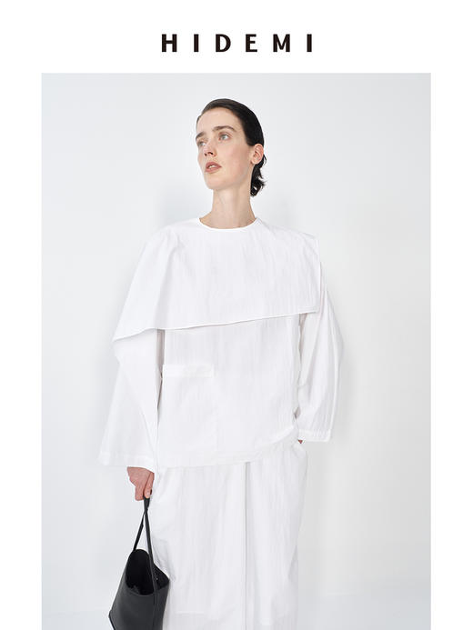 HIDEMI 极简微褶皱设计感可拆卸披肩领多穿式衬衫上衣半裙套装 商品图1