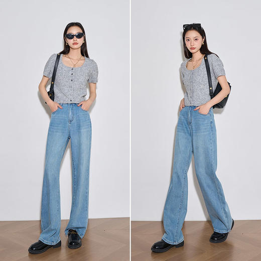 OLrain欧芮儿浅蓝色牛仔裤女春季2024年新款高腰直筒微拖地阔腿裤 商品图3