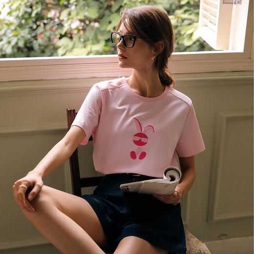 OLrain欧芮儿粉色短袖T恤女早春2024新款气质显瘦趣味十字绣上衣 商品图1