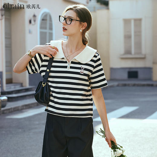 OLrain欧芮儿黑白条纹T恤女早春2024年新款宽松娃娃领短袖上衣 商品图0