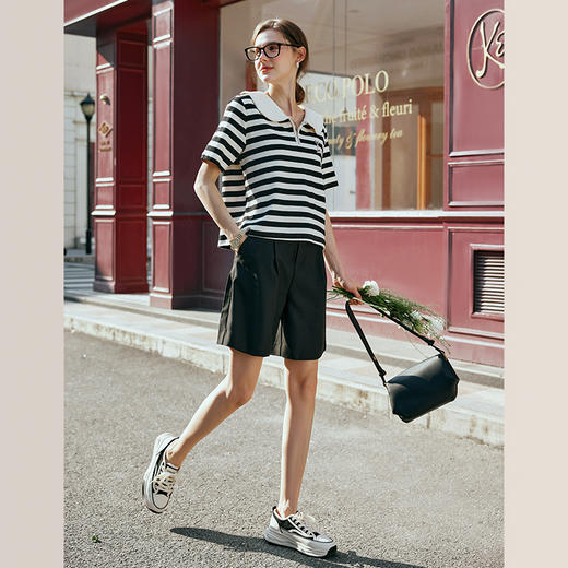 OLrain欧芮儿黑白条纹T恤女早春2024年新款宽松娃娃领短袖上衣 商品图3