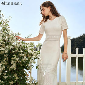 OLrain欧芮儿法式杏白色连衣裙女早春2024年新款气质镂空针织裙