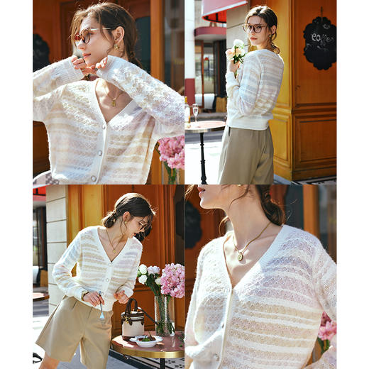 欧芮儿小香风针织衫女早春开衫外套短款2024新款彩色条纹V领上衣 商品图2