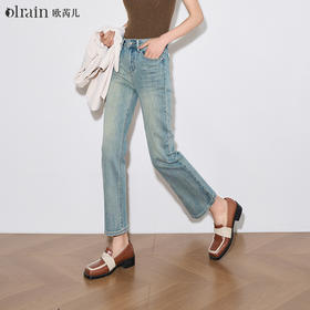 OLrain欧芮儿蓝色直筒牛仔裤女春季2024年新款复古高腰九分烟管裤