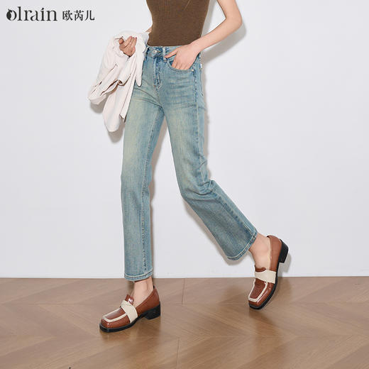 OLrain欧芮儿蓝色直筒牛仔裤女春季2024年新款复古高腰九分烟管裤 商品图0