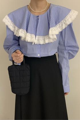 Stay2Weeks ins风娃娃领撞色条纹衬衫 17265