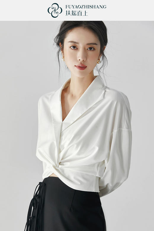 扶摇 高级感捏褶通勤缎面女士长袖衬衫上衣2025春秋装白衬衣 商品图5