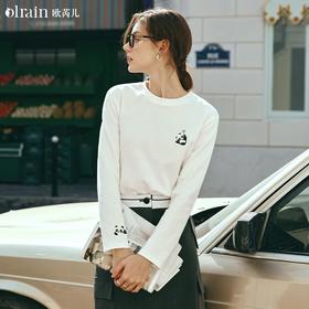OLrain欧芮儿米白色长袖T恤女早春2024新款宽松百搭熊猫刺绣上衣