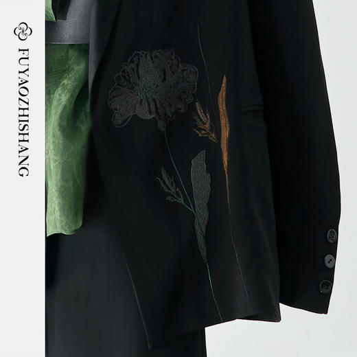 扶摇 刺绣西装男女同款长袖小西服新中式女装小众oversize黑 商品图3