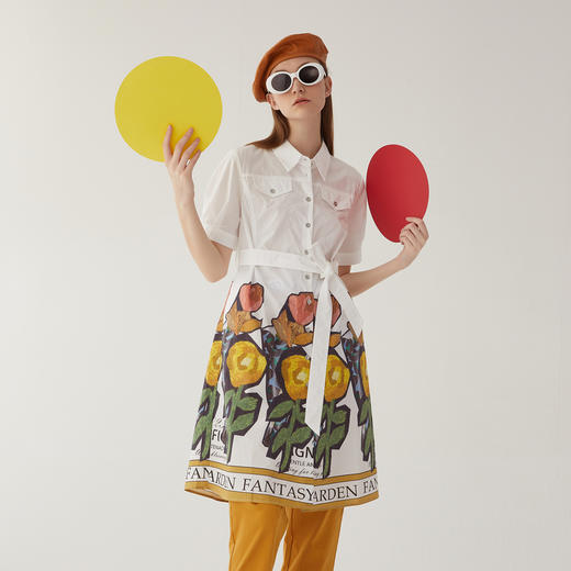 谜底复古印花连衣裙2024夏新款翻领绑带收腰中长裙短袖246ML7027 商品图0