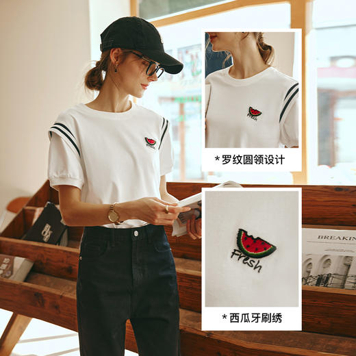 OLrain欧芮儿米白色T恤女早春2024新款时尚创意水果刺绣短袖上衣 商品图3