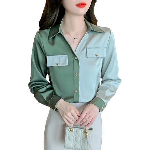 AHM-6110韩版设计感撞色拼接真丝衬衫2024春季新款时尚优雅气质通勤上衣 商品图4