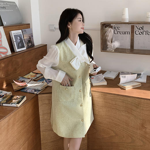 春装新品，韩系拼接假两件蝴蝶结领衬衫袖时尚宽松连衣裙HR-LXI8816 商品图5