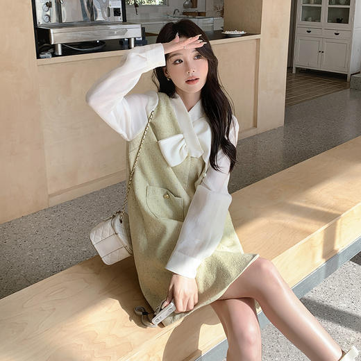 春装新品，韩系拼接假两件蝴蝶结领衬衫袖时尚宽松连衣裙HR-LXI8816 商品图1