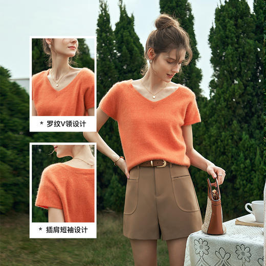 OLrain欧芮儿薄款针织衫女春季2024新款时尚V领别致花纱短袖上衣 商品图3