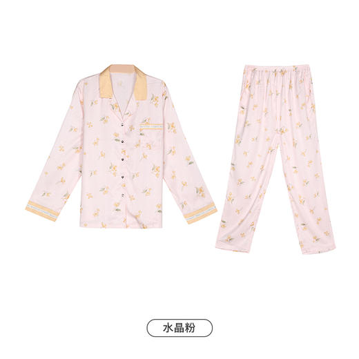都市丽人舒适外出春夏睡衣女人字斜印花家居服薄款长袖长裤女士丝质套装LH41C7 商品图5