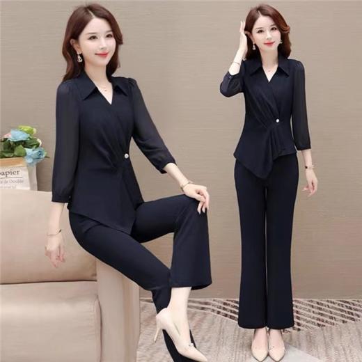 A7058       高级名媛气质不规则上衣+直筒长裤两件套套装 商品图0