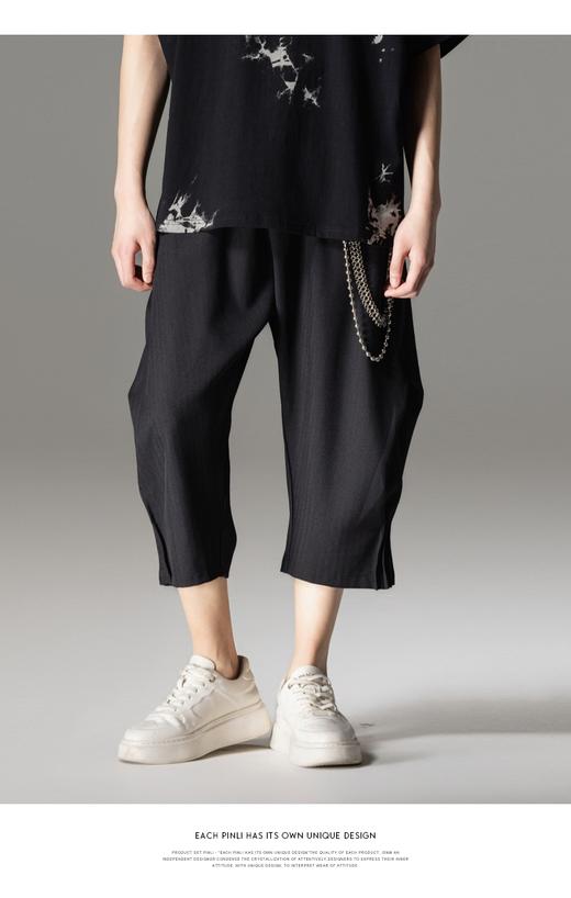 PINLI品立2024夏季新款纯色宽松七分裤潮牌时尚褶皱直筒休闲裤男B242117022 商品图0