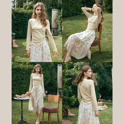 欧芮儿纯色抑菌长袖T恤女早春2024新款设计感抽绳不规则打底上衣 商品图2