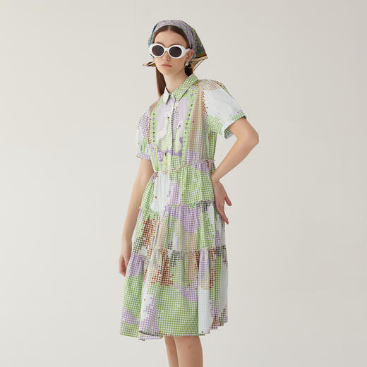 谜底衬衫式连衣裙2024夏新款田园风印花中长款塔裙短袖246ML7024 商品图1