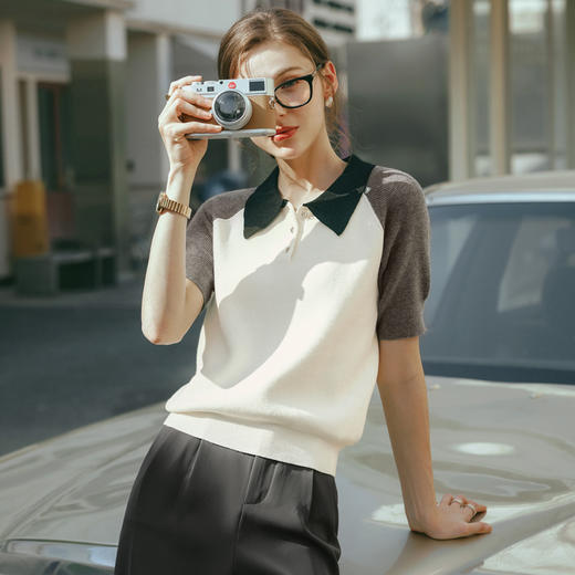 OLrain欧芮儿POLO领针织衫女早春2024年新款时尚简约拼接上衣 商品图1