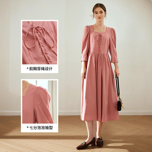 OLrain欧芮儿法式珊瑚粉连衣裙女早春2024新款茶歇收腰泡泡袖裙子 商品图4