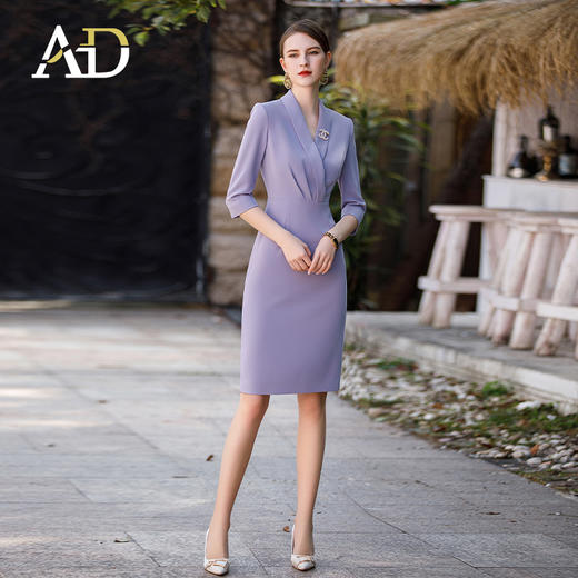 AD洋气紫色职业连衣裙女御姐范V领气质中袖西装裙子职场通勤服装送胸针 商品图2